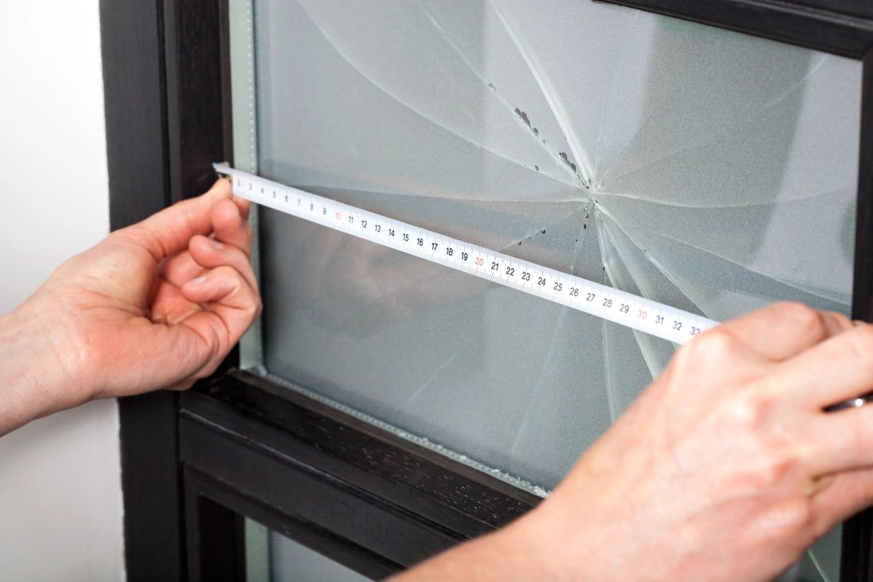 A person measuring the window glass with a ruler.